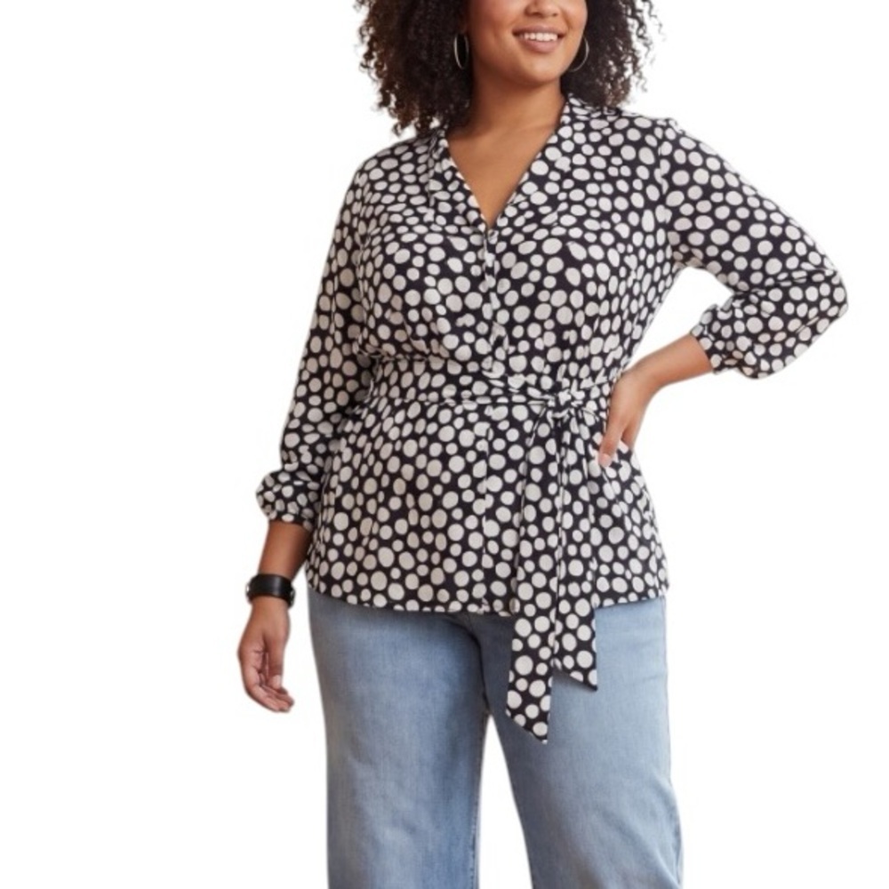 Lane Bryant black white polka dot tie-waist Tunic blouse Casusl chic Office